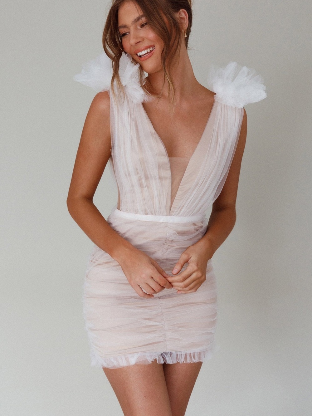 Selfie Leslie Sheer Tulle Mini Dress in Soft Blush White